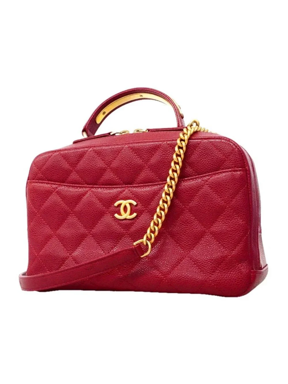 Chanel Handbag Quilted Caviar Leather Red Gold 2-Way Back